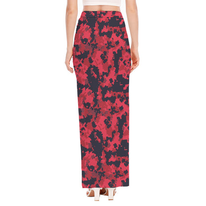 Red And Black Digital Camo Pattern Print High Slit Maxi Skirt