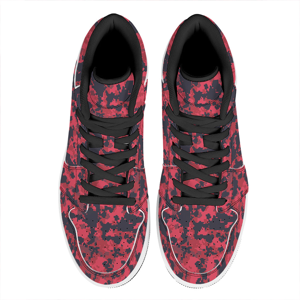 Red And Black Digital Camo Pattern Print High Top Leather Sneakers
