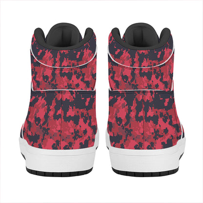 Red And Black Digital Camo Pattern Print High Top Leather Sneakers