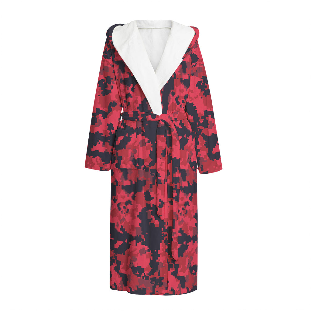 Red And Black Digital Camo Pattern Print Hooded Bathrobe