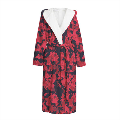 Red And Black Digital Camo Pattern Print Hooded Bathrobe
