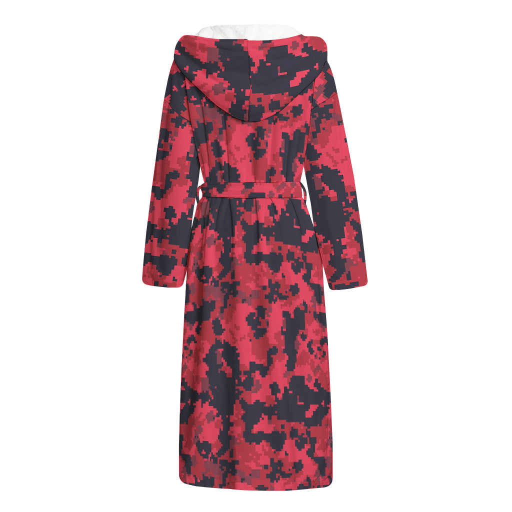 Red And Black Digital Camo Pattern Print Hooded Bathrobe