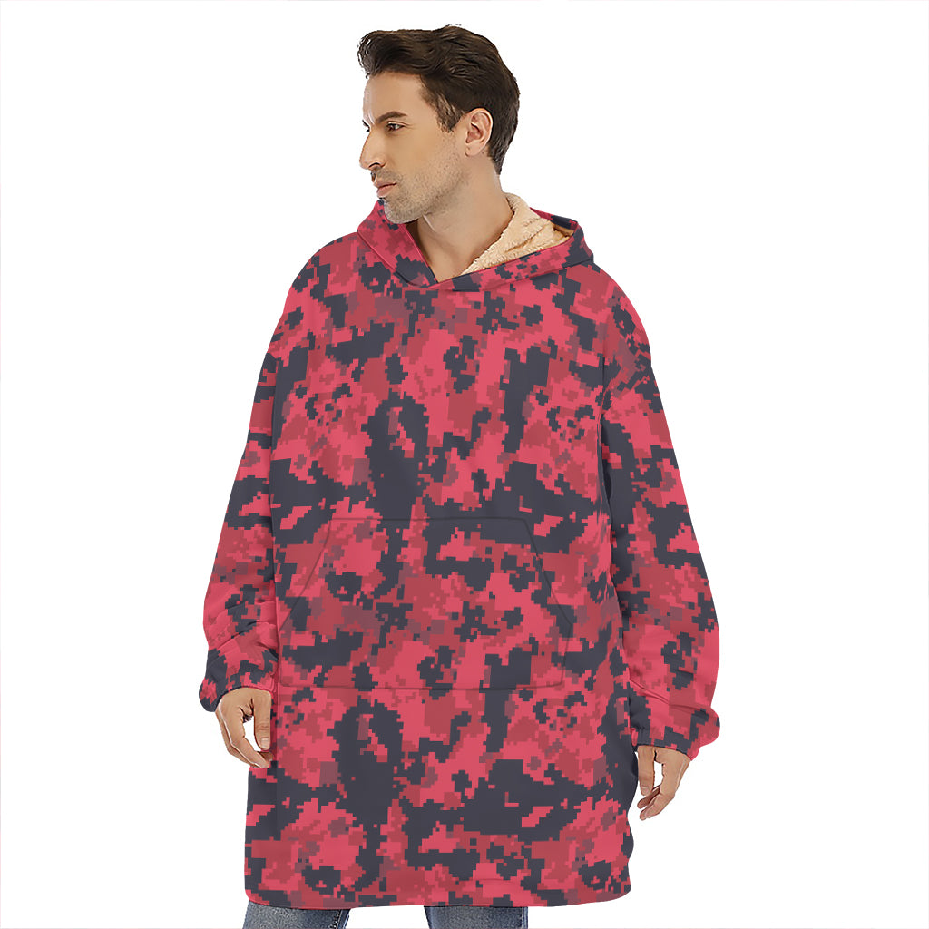 Red And Black Digital Camo Pattern Print Hoodie Blanket