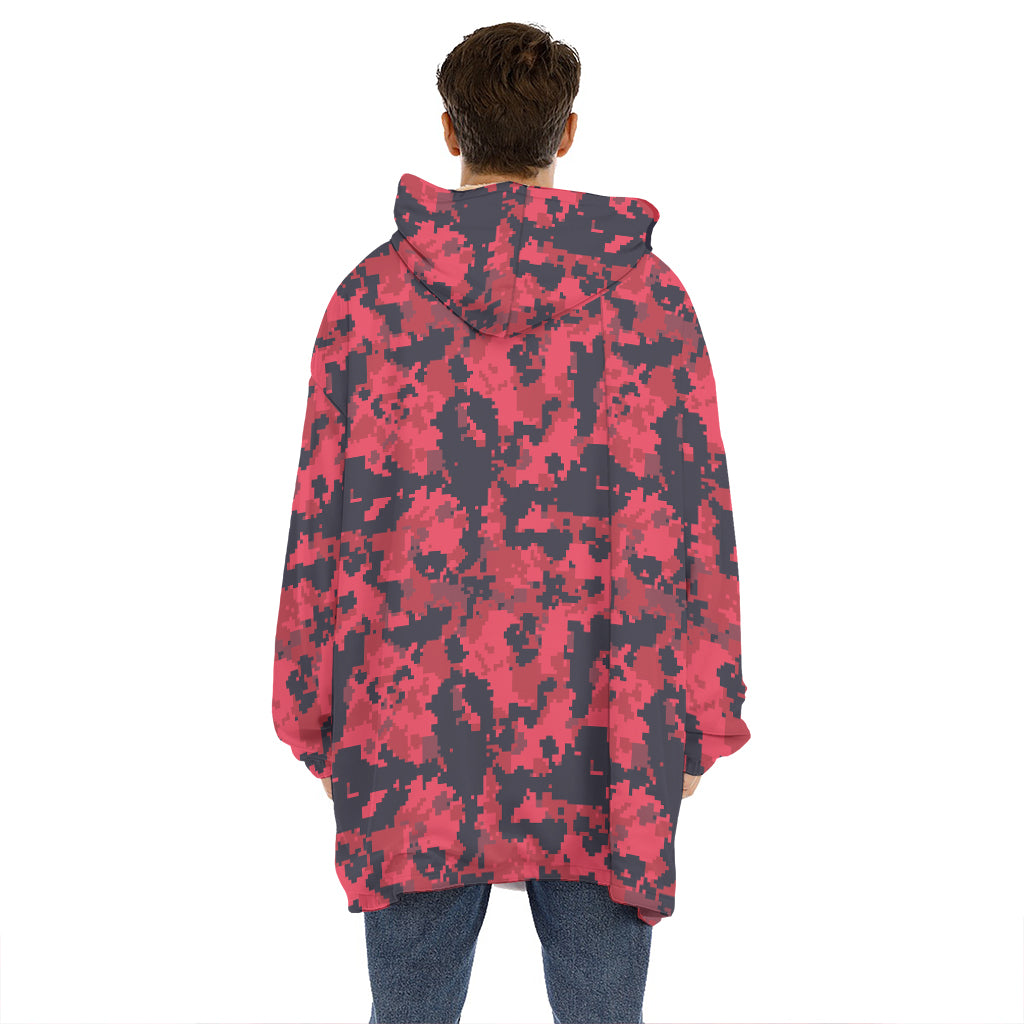 Red And Black Digital Camo Pattern Print Hoodie Blanket