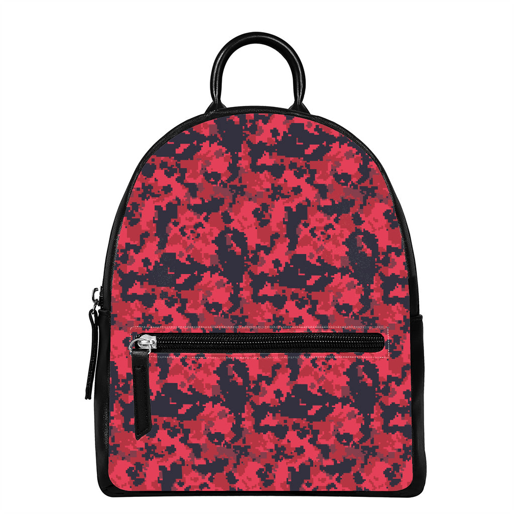 Red And Black Digital Camo Pattern Print Leather Backpack