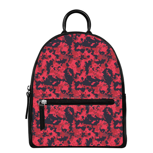 Red And Black Digital Camo Pattern Print Leather Backpack