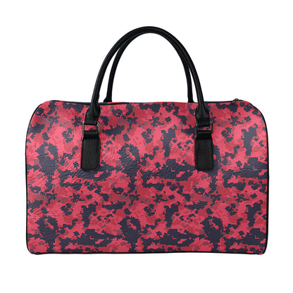 Red And Black Digital Camo Pattern Print Leather Duffle Bag