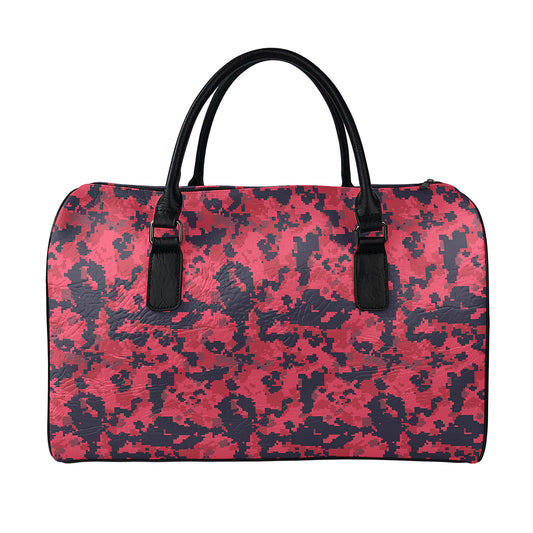 Red And Black Digital Camo Pattern Print Leather Duffle Bag