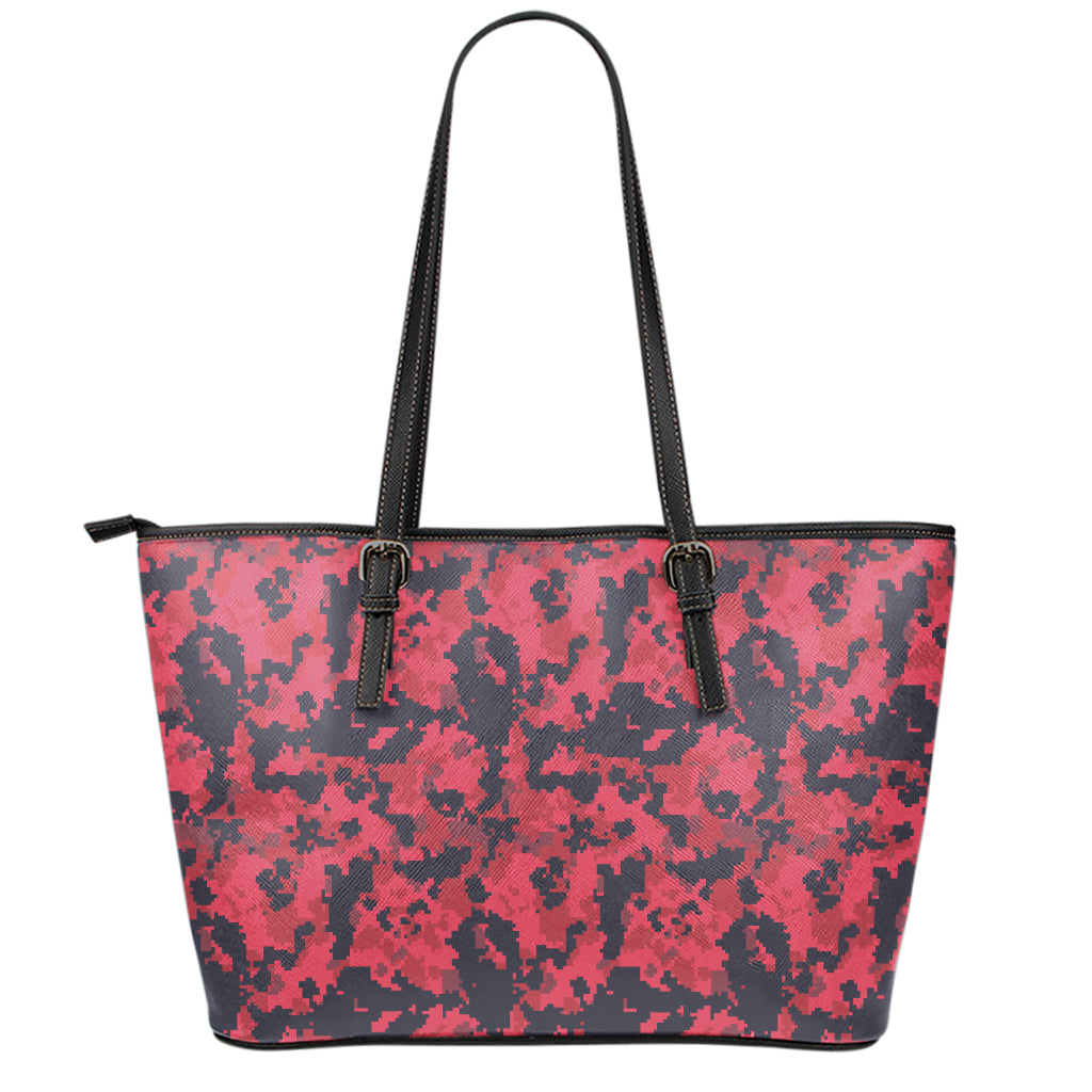 Red And Black Digital Camo Pattern Print Leather Tote Bag