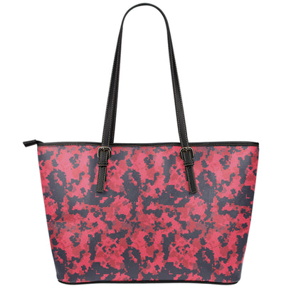 Red And Black Digital Camo Pattern Print Leather Tote Bag