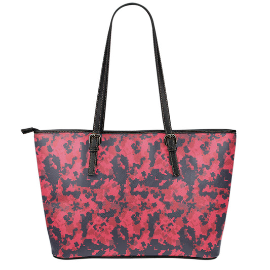 Red And Black Digital Camo Pattern Print Leather Tote Bag