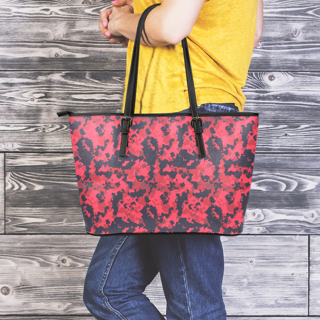 Red And Black Digital Camo Pattern Print Leather Tote Bag