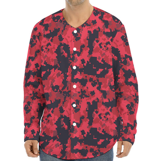 Red And Black Digital Camo Pattern Print Long Sleeve Baseball Jersey