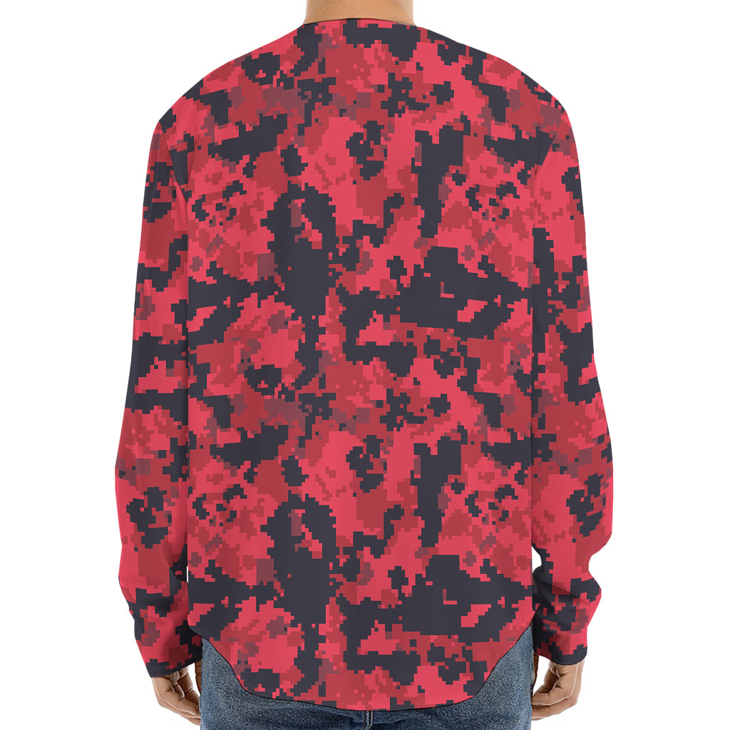 Red And Black Digital Camo Pattern Print Long Sleeve Baseball Jersey