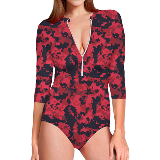 Red And Black Digital Camo Pattern Print Long Sleeve Swimsuit