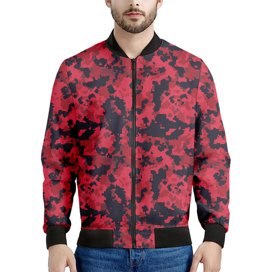 Red And Black Digital Camo Pattern Print Men's Bomber Jacket