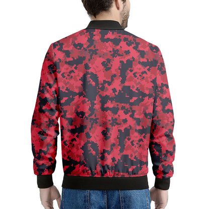 Red And Black Digital Camo Pattern Print Men's Bomber Jacket