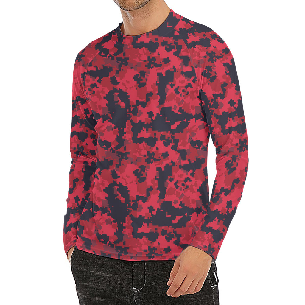 Red And Black Digital Camo Pattern Print Men's Long Sleeve Rash Guard