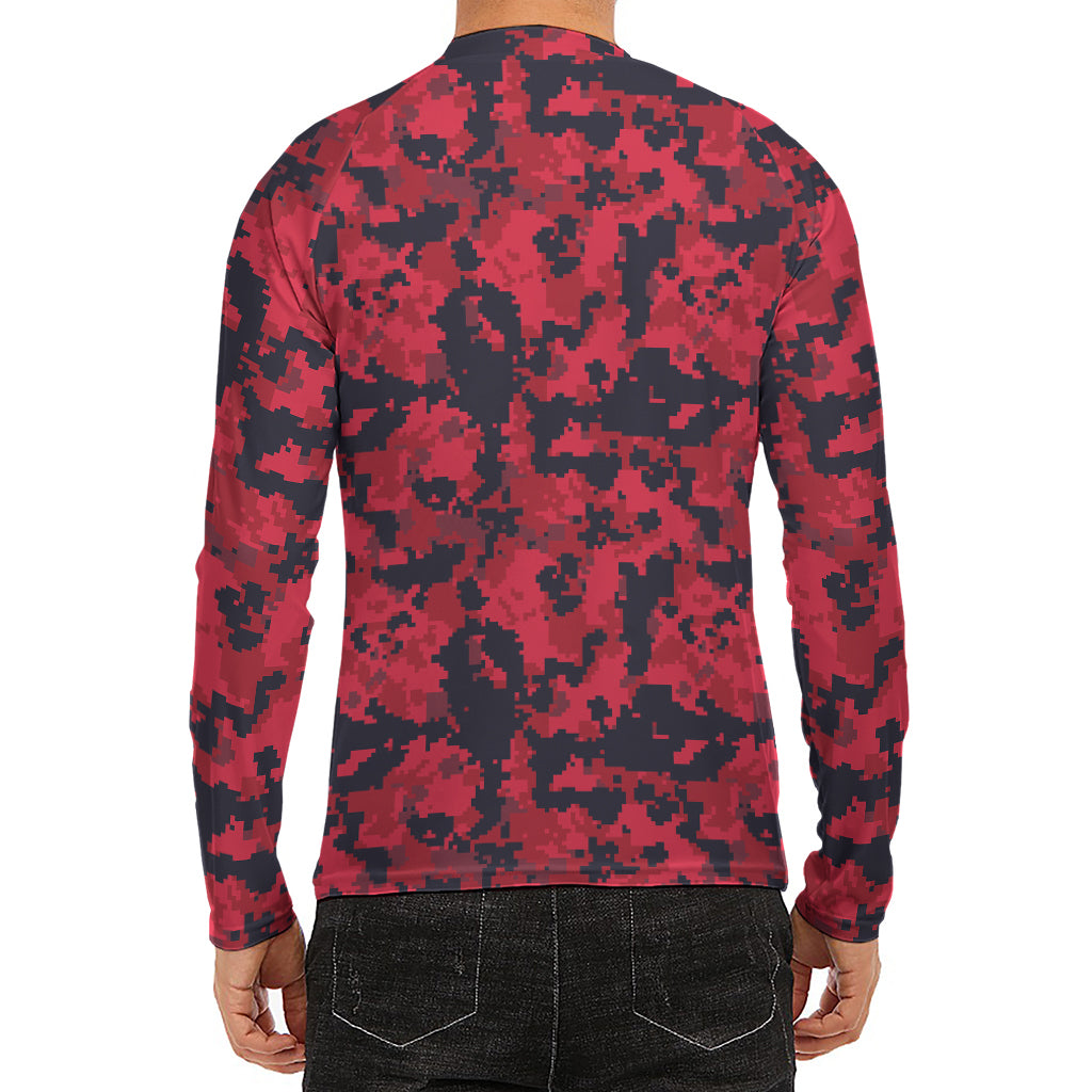 Red And Black Digital Camo Pattern Print Men's Long Sleeve Rash Guard
