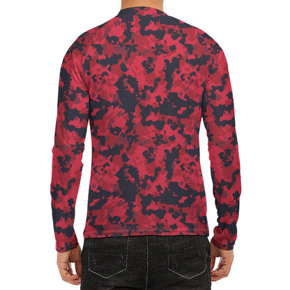 Red And Black Digital Camo Pattern Print Men's Long Sleeve Rash Guard