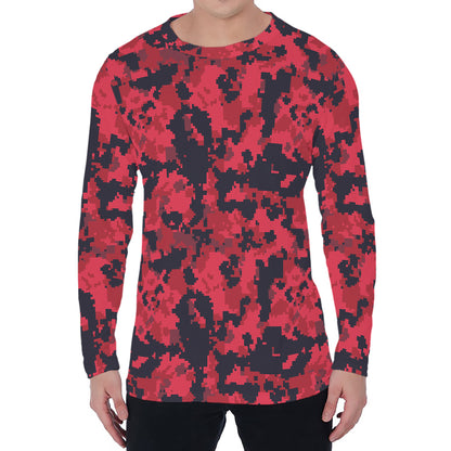 Red And Black Digital Camo Pattern Print Men's Long Sleeve T-Shirt