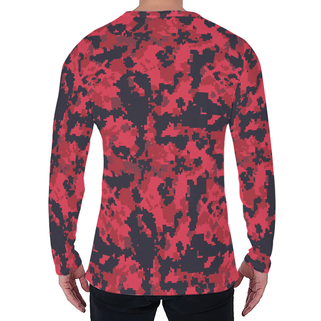 Red And Black Digital Camo Pattern Print Men's Long Sleeve T-Shirt