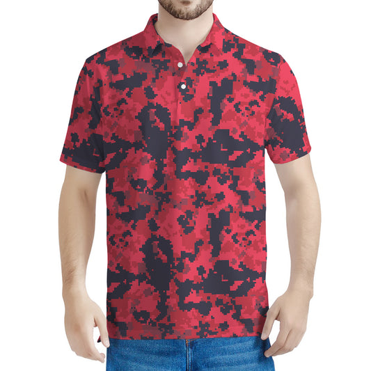 Red And Black Digital Camo Pattern Print Men's Polo Shirt