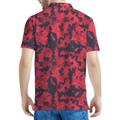 Red And Black Digital Camo Pattern Print Men's Polo Shirt