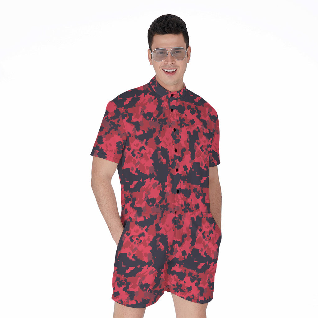 Red And Black Digital Camo Pattern Print Men's Rompers