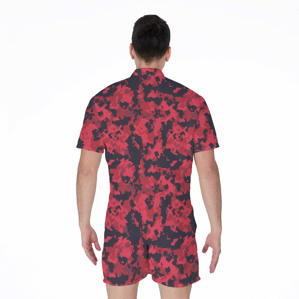 Red And Black Digital Camo Pattern Print Men's Rompers