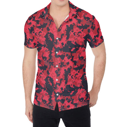 Red And Black Digital Camo Pattern Print Men's Shirt