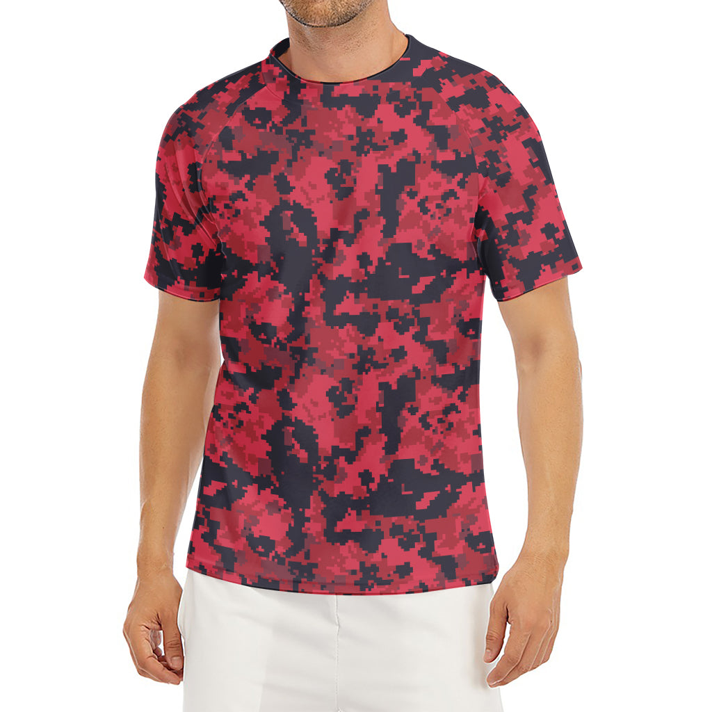 Red And Black Digital Camo Pattern Print Men's Short Sleeve Rash Guard