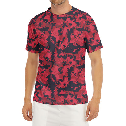Red And Black Digital Camo Pattern Print Men's Short Sleeve Rash Guard