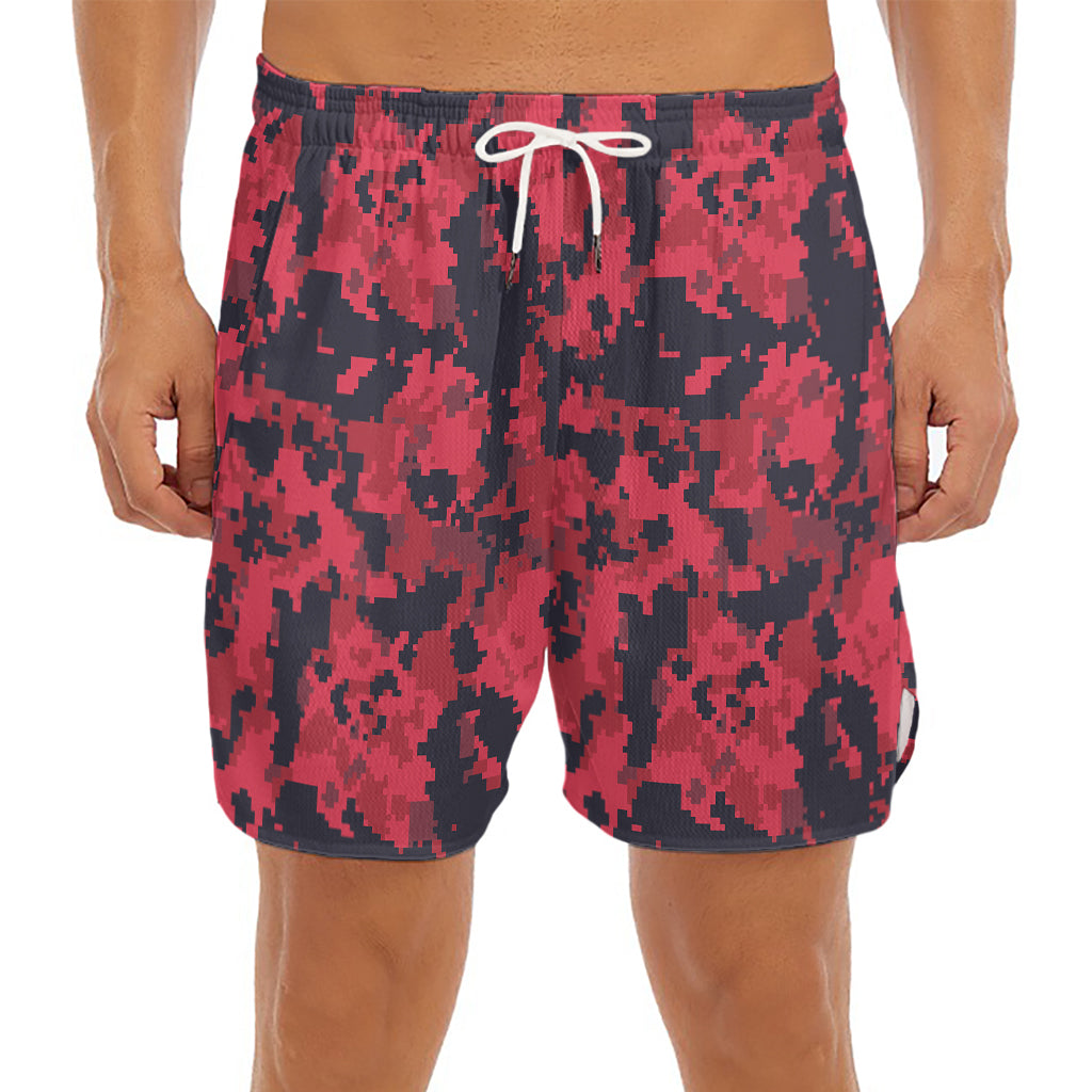 Red And Black Digital Camo Pattern Print Men's Split Running Shorts