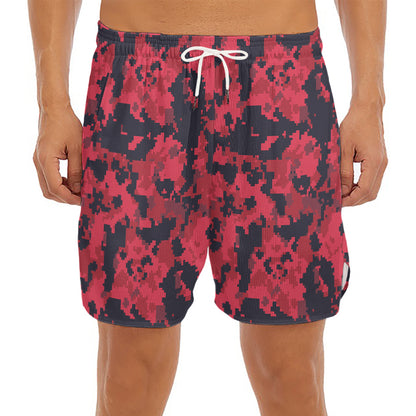 Red And Black Digital Camo Pattern Print Men's Split Running Shorts