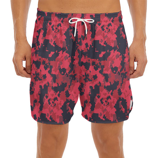 Red And Black Digital Camo Pattern Print Men's Split Running Shorts