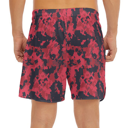Red And Black Digital Camo Pattern Print Men's Split Running Shorts