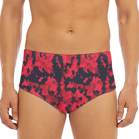 Red And Black Digital Camo Pattern Print Men's Triangle Swim Briefs