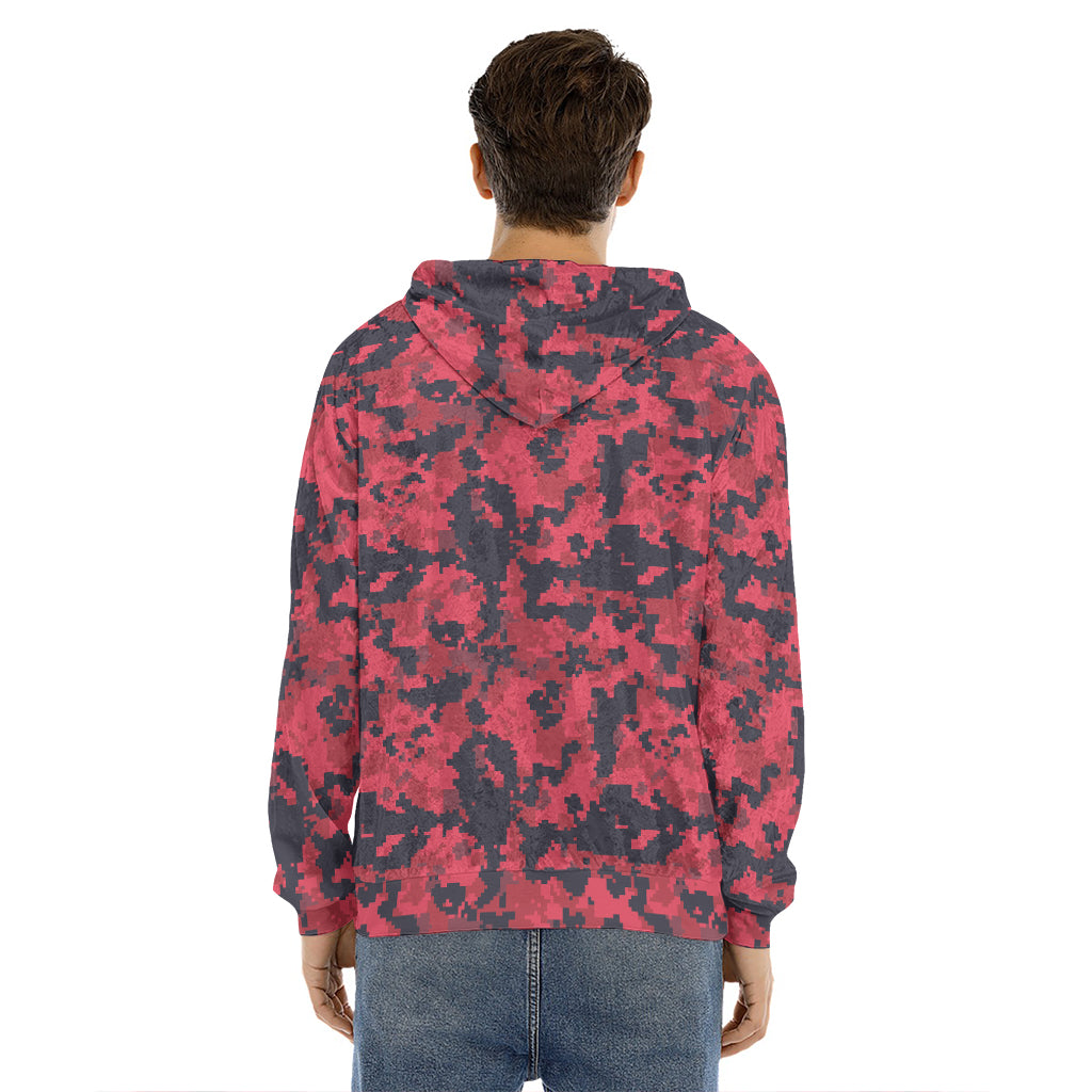 Red And Black Digital Camo Pattern Print Men's Velvet Pullover Hoodie