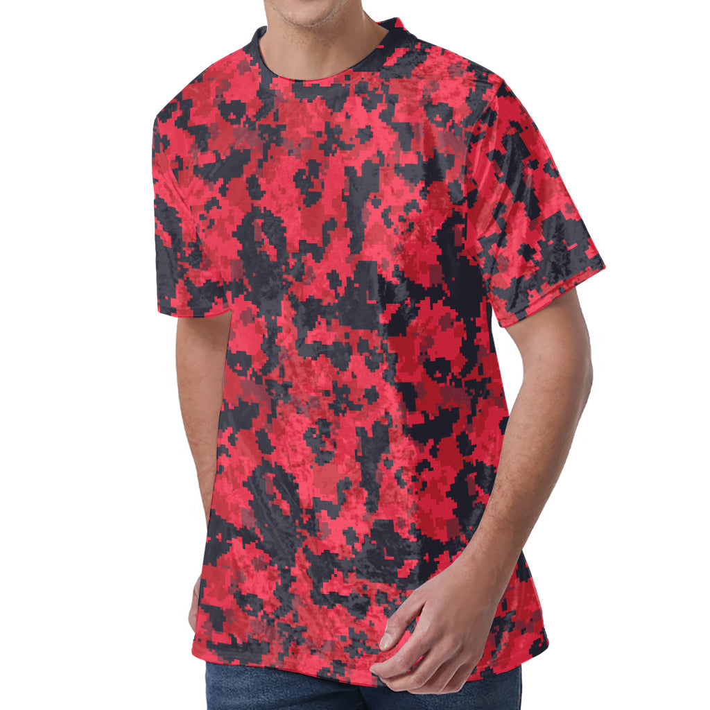 Red And Black Digital Camo Pattern Print Men's Velvet T-Shirt