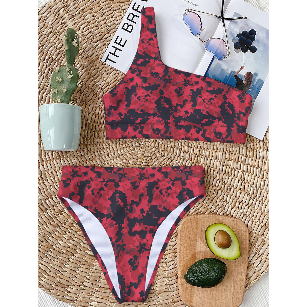 Red And Black Digital Camo Pattern Print One Shoulder Bikini Top