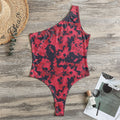 Red And Black Digital Camo Pattern Print One Shoulder Bodysuit