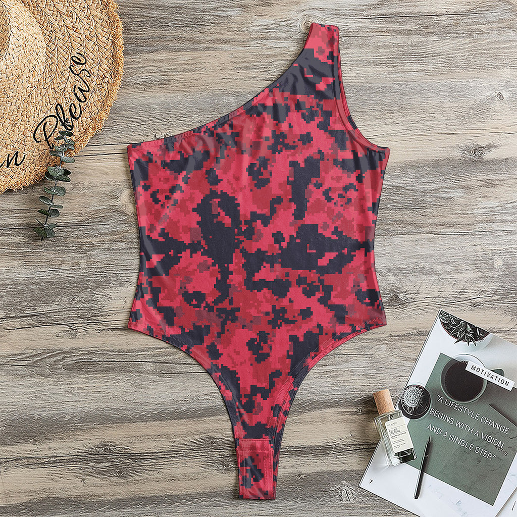 Red And Black Digital Camo Pattern Print One Shoulder Bodysuit