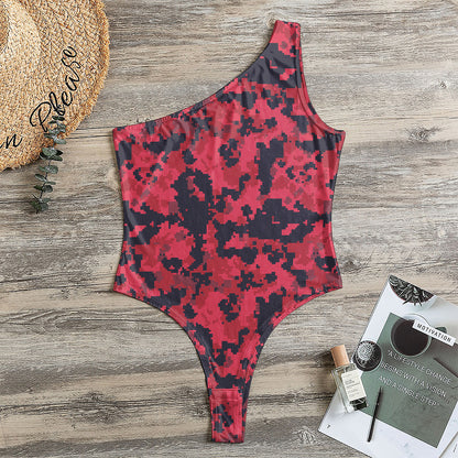 Red And Black Digital Camo Pattern Print One Shoulder Bodysuit