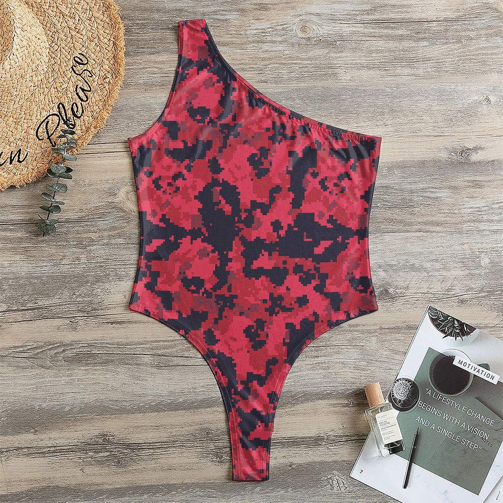 Red And Black Digital Camo Pattern Print One Shoulder Bodysuit