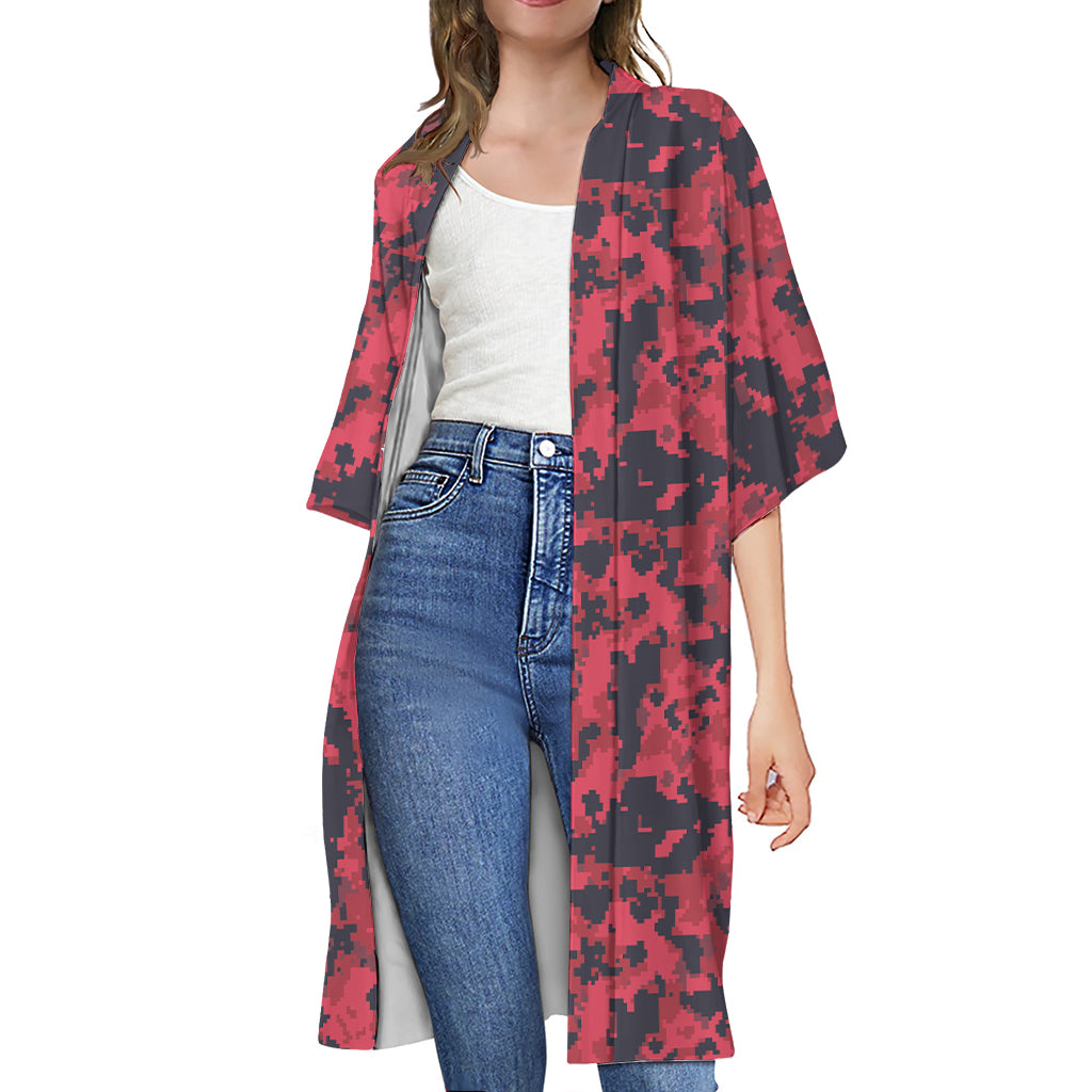 Red And Black Digital Camo Pattern Print Open Front Beach Cover Up