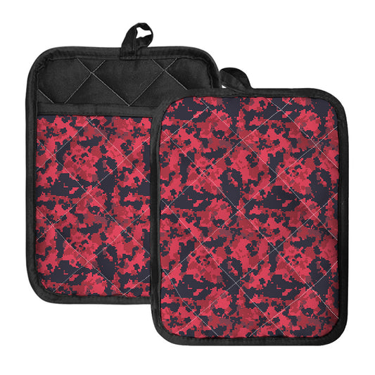 Red And Black Digital Camo Pattern Print Pot Holders With Pocket