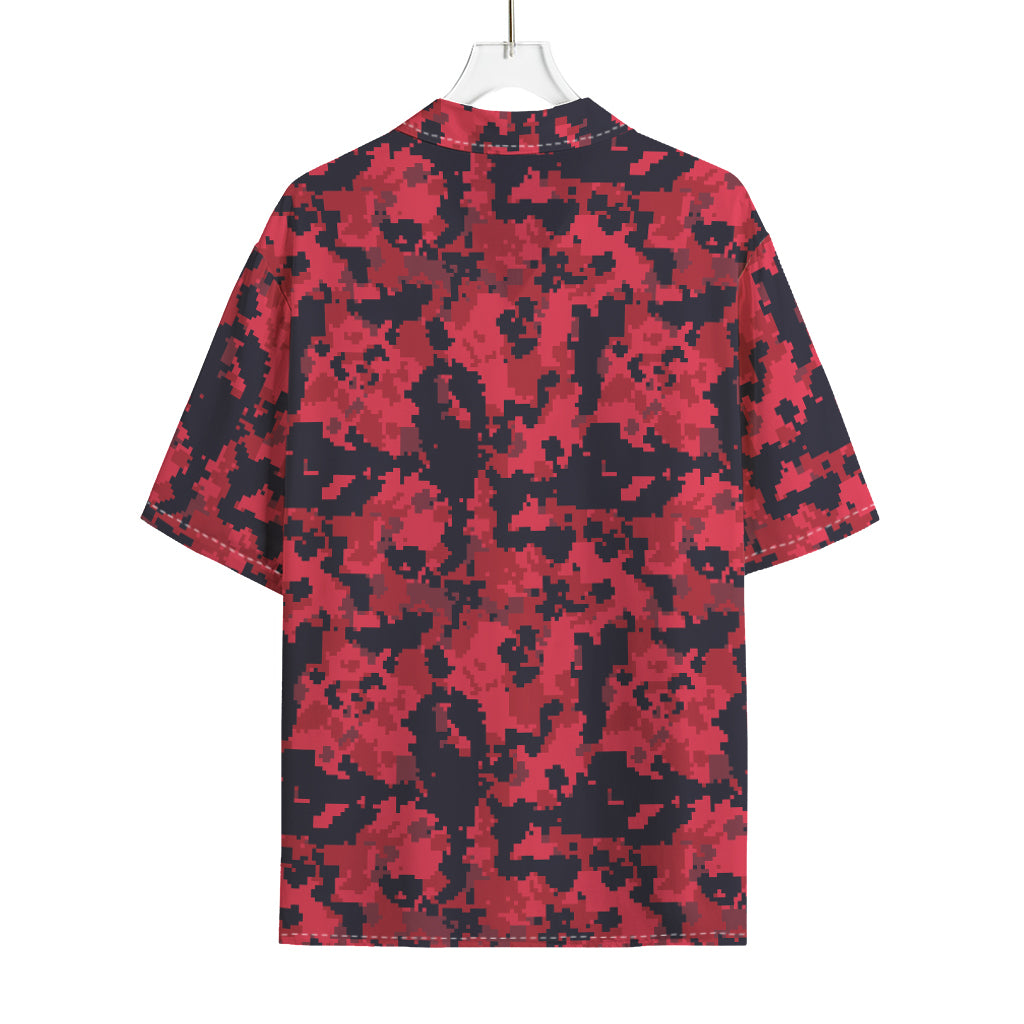 Red And Black Digital Camo Pattern Print Rayon Hawaiian Shirt