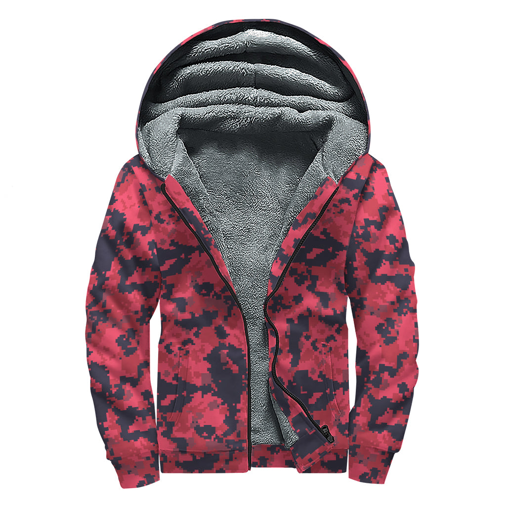 Red And Black Digital Camo Pattern Print Sherpa Lined Zip Up Hoodie