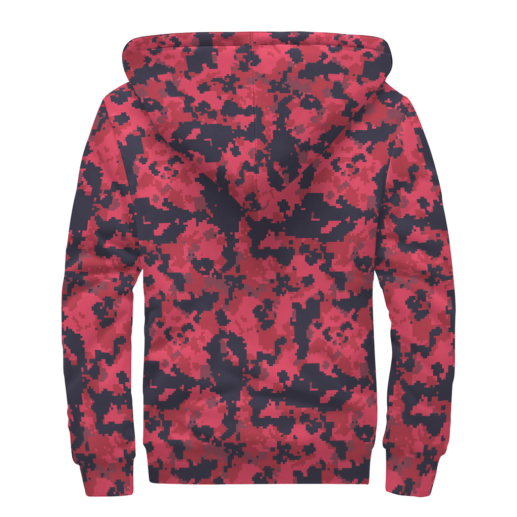 Red And Black Digital Camo Pattern Print Sherpa Lined Zip Up Hoodie